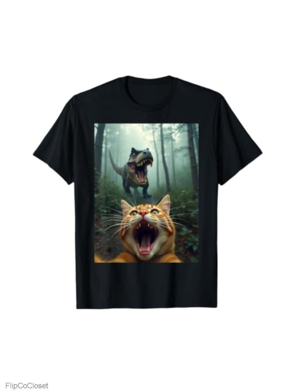 Cat Selfie T-Rex Dinosaur Graphic Tee Short Sleeve Classic Fit Novelty T-Shirt